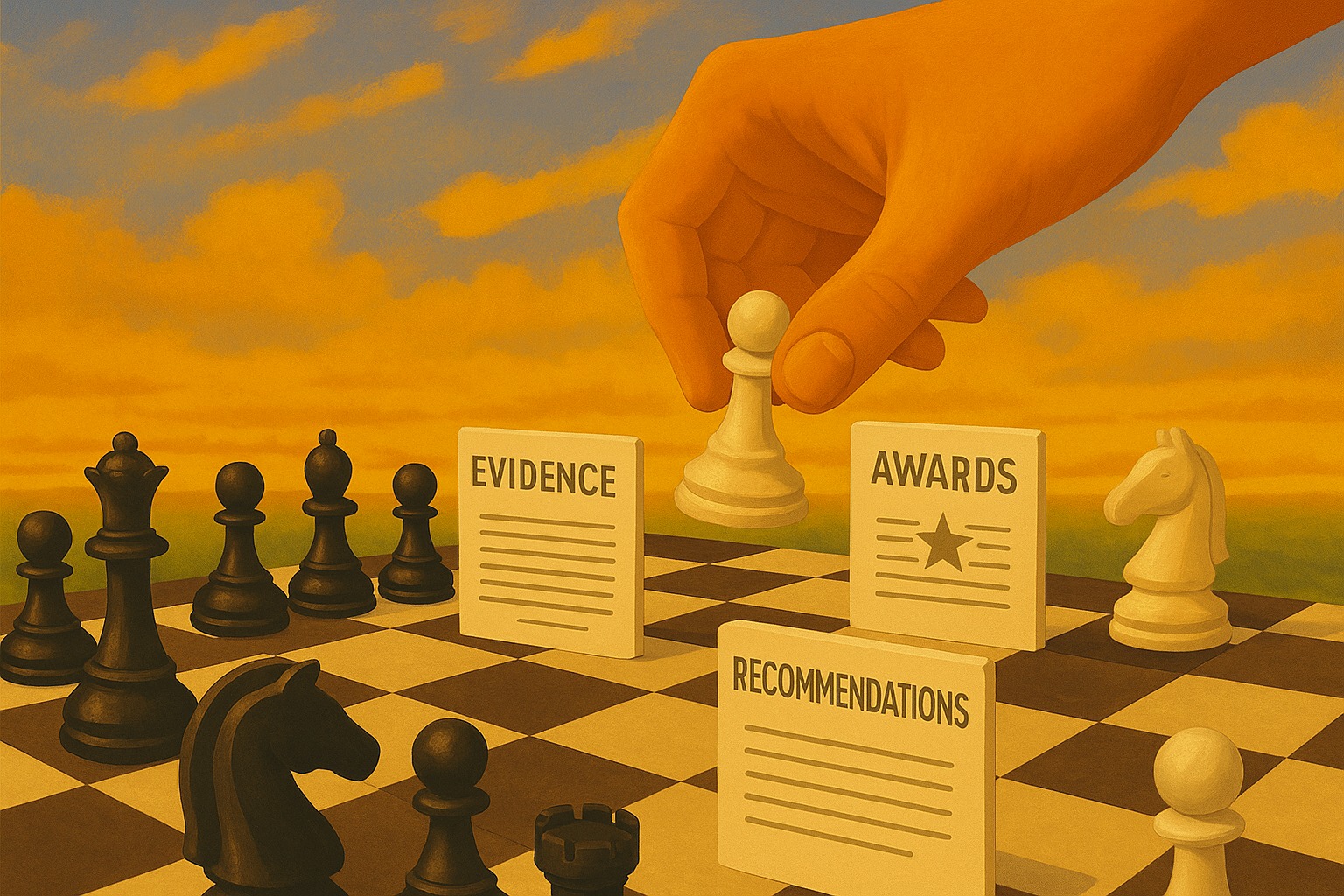 A digital painting of a chessboard at sunset, featuring a large hand making the first move with a white pawn. Instead of traditional chess pieces on one side, documents labeled “EVIDENCE,” “AWARDS,” and “RECOMMENDATIONS” stand upright as symbolic pieces. The opposing side holds classic black chess pieces. The warm, golden sky adds a serene yet strategic tone, symbolizing preparation and early action in the O-1 visa process.