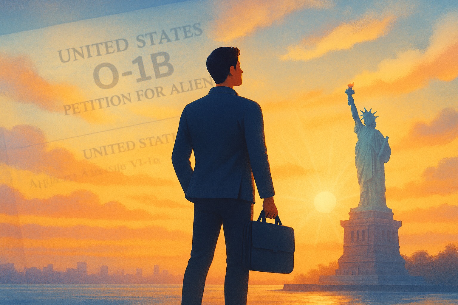 An illustration of a man in a suit standing at sunrise, gazing toward the Statue of Liberty. The background features a faint overlay of an O-1B visa document, symbolizing the journey toward U.S. immigration. The scene evokes hope, ambition, and new beginnings.