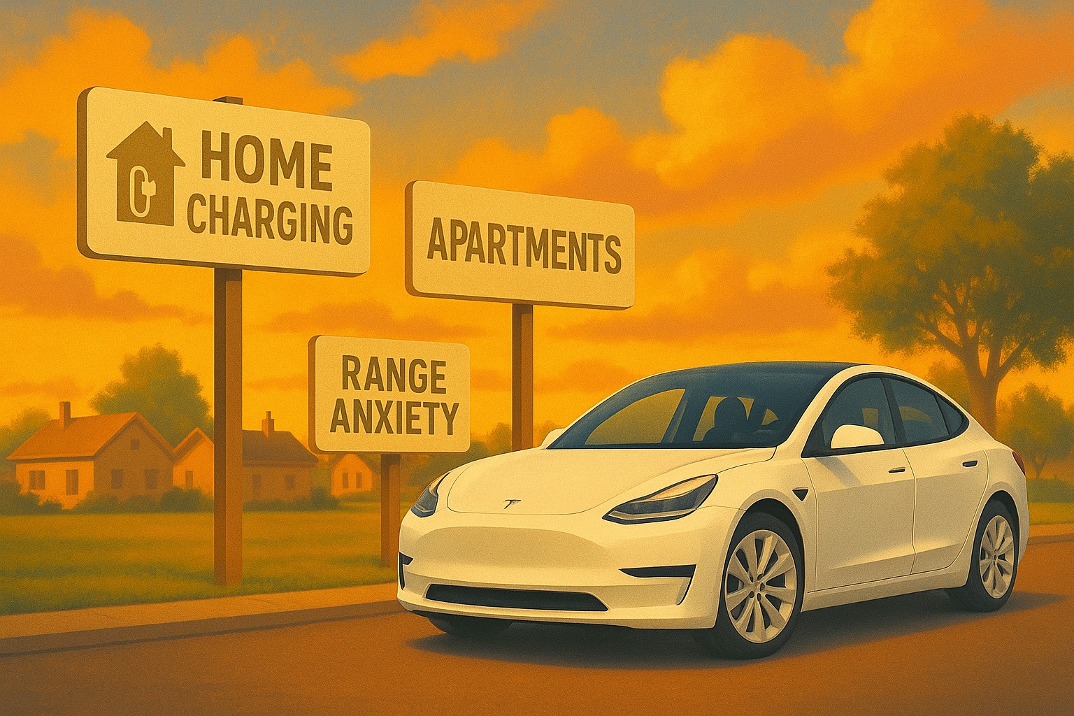 A white Tesla electric vehicle parked near a suburban street at sunset, with three roadside signs labeled “HOME CHARGING,” “APARTMENTS,” and “RANGE ANXIETY.” The background features warm-toned houses and trees under an orange sky, illustrating key considerations for EV ownership.